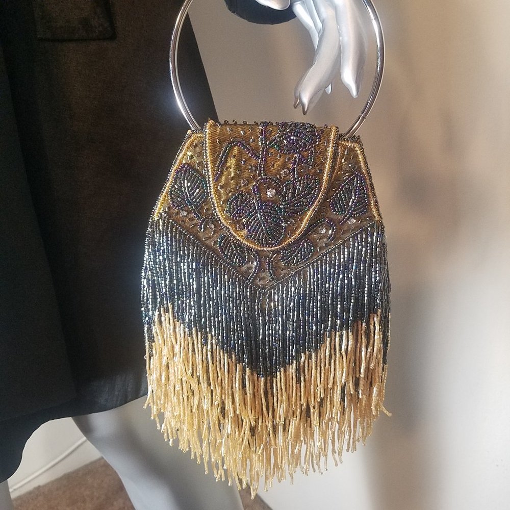 Women's Beaded Fringe Evening Bag With Metal Wristlet Handle (6.5" w x 14" h)